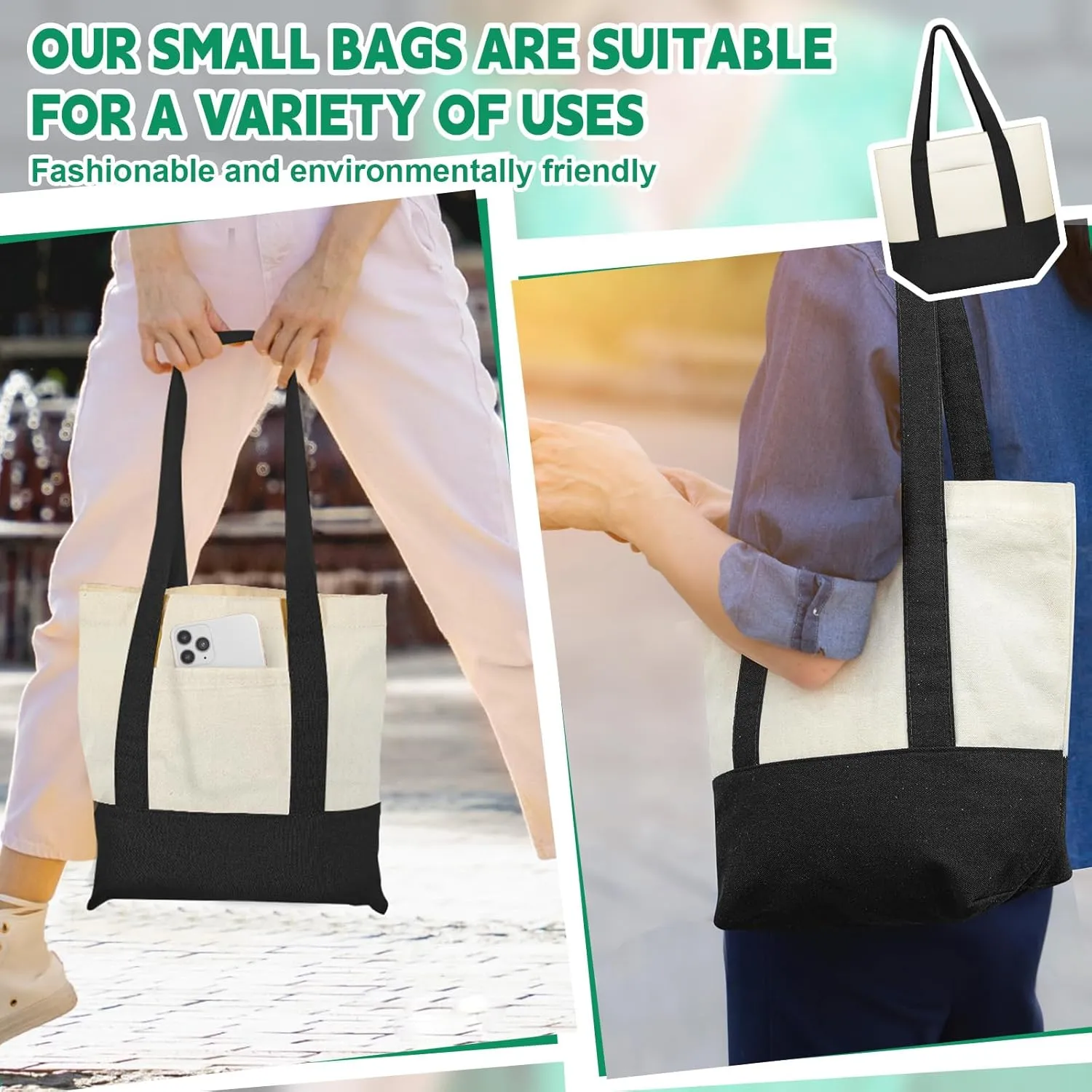 Amylove 1 Pcs Mini Canvas Tote Bag with Pockets 13" x 11" Duty Canvas Sublimation Blank Small Bag Reusable Tote for Crafts DIY (Black)