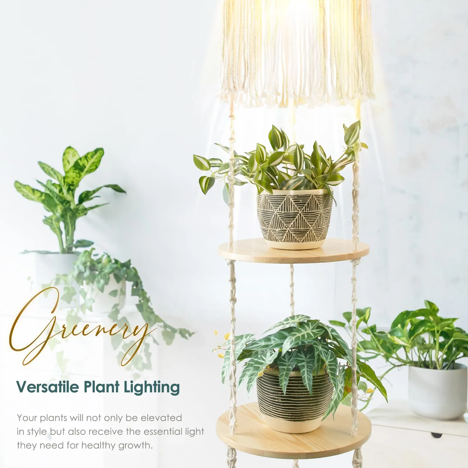 ANROYE 3-Tier Macrame Hanging Lamp Shelf, Boho Woven Corner Pendant Light Shade Plant Shelves with Plug Cord, Bohemian Hanging Bedside Ceiling Light Fixture, Farmhouse Decor for Bedroom Women Gift