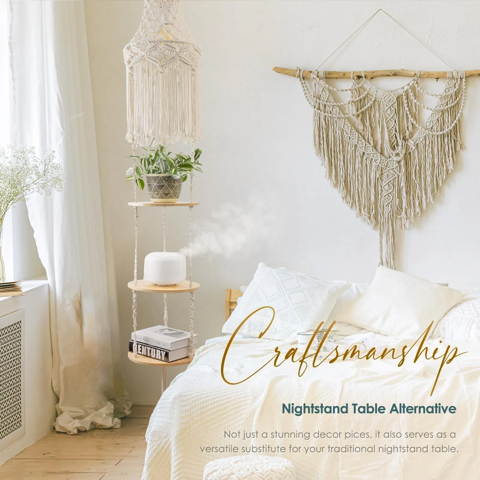 ANROYE 3-Tier Macrame Hanging Lamp Shelf, Boho Woven Corner Pendant Light Shade Plant Shelves with Plug Cord, Bohemian Hanging Bedside Ceiling Light Fixture, Farmhouse Decor for Bedroom Women Gift