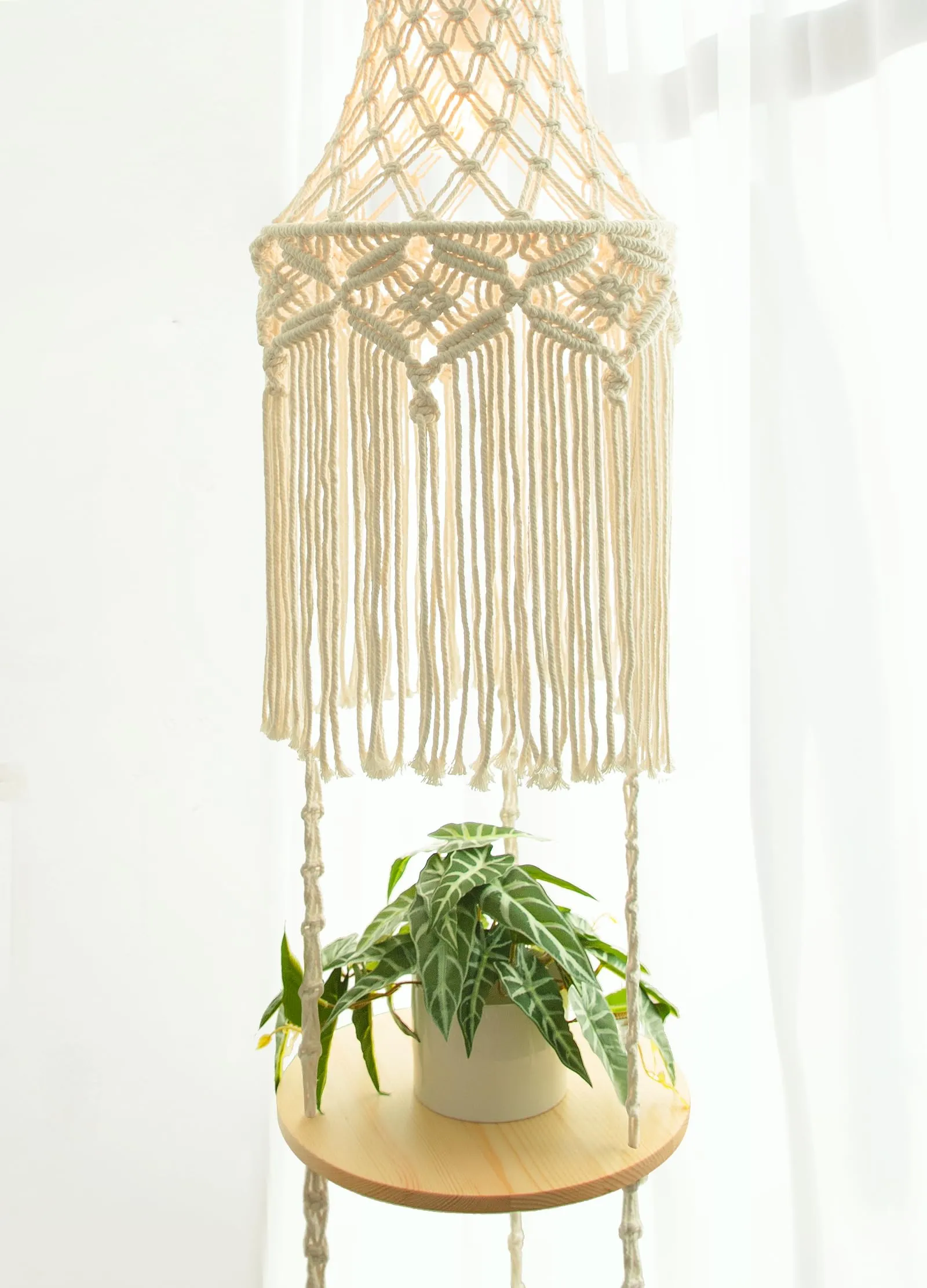 ANROYE 3-Tier Macrame Hanging Lamp Shelf, Boho Woven Corner Pendant Light Shade Plant Shelves with Plug Cord, Bohemian Hanging Bedside Ceiling Light Fixture, Farmhouse Decor for Bedroom Women Gift