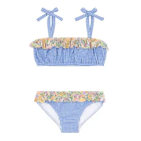 Bandeau Tie Strap Bikini w/ Ruffle, Blue Micro Gingham