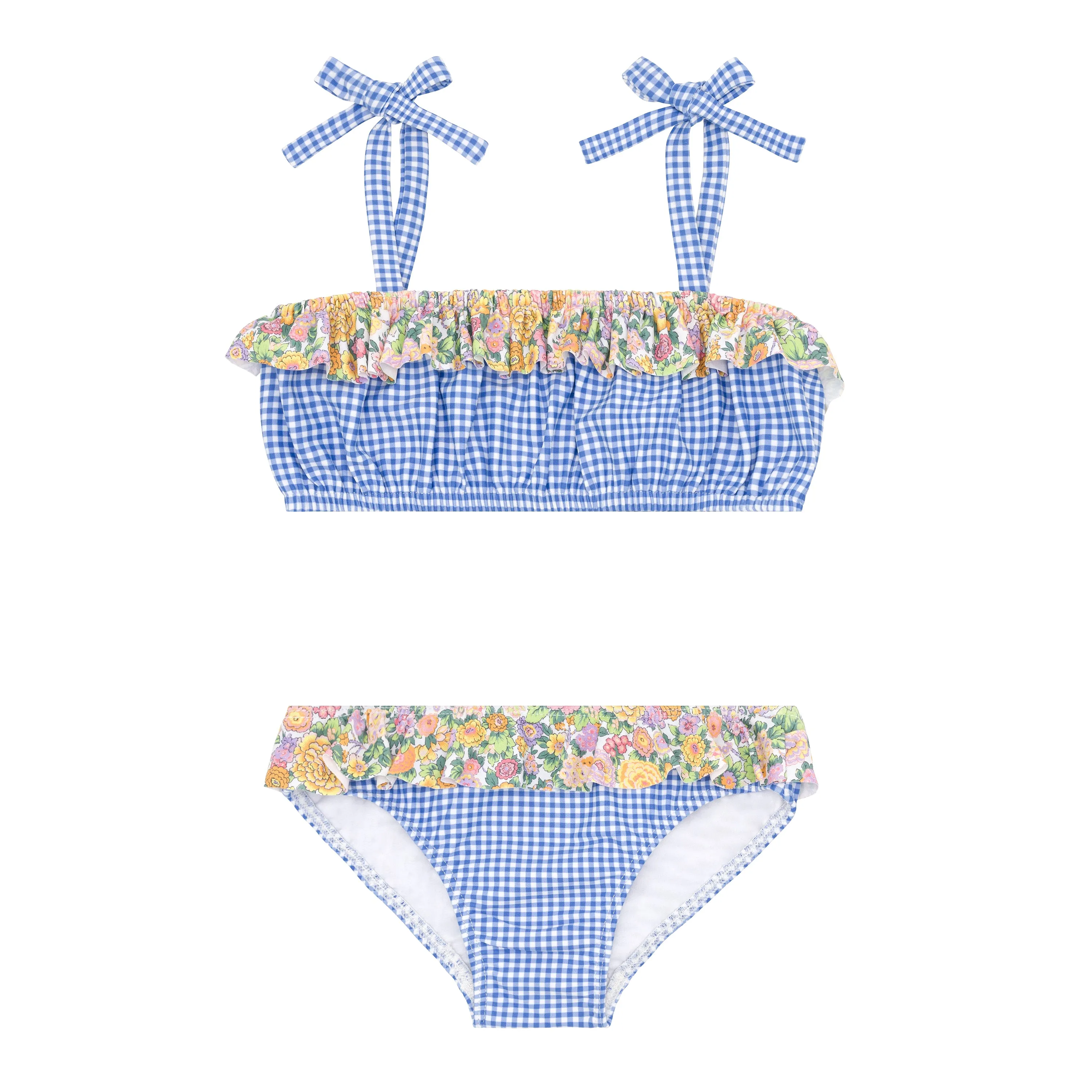 Bandeau Tie Strap Bikini w/ Ruffle, Blue Micro Gingham