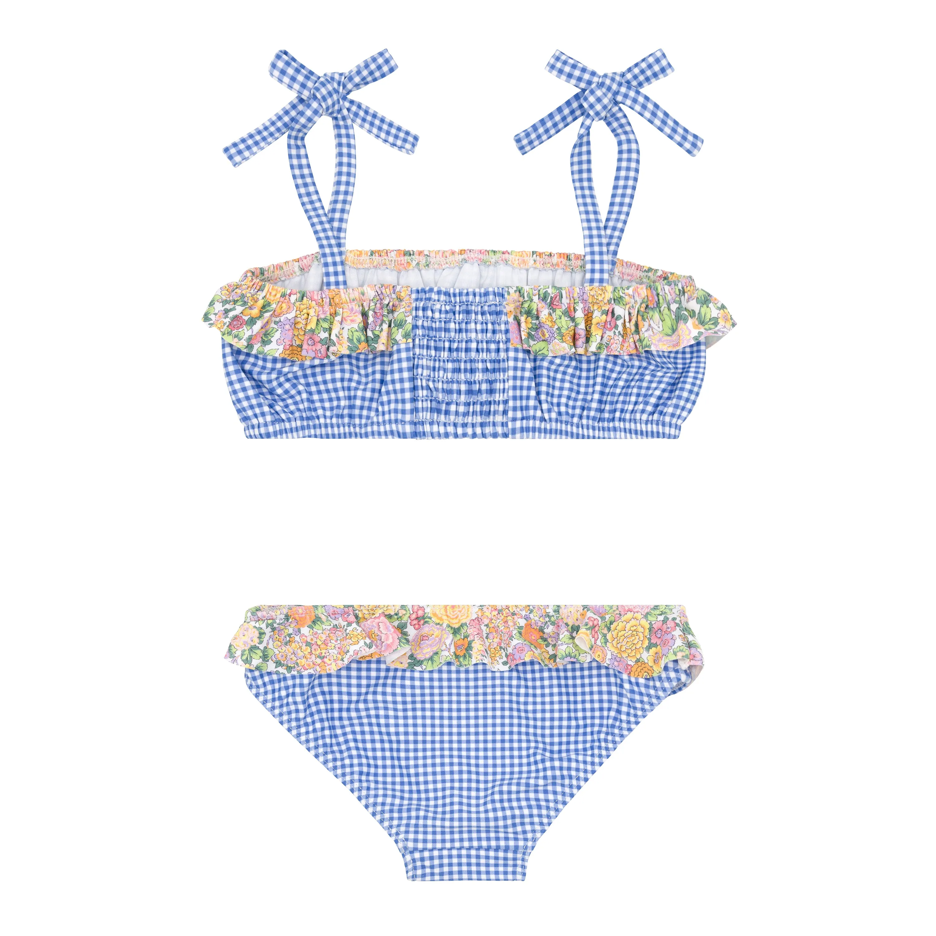 Bandeau Tie Strap Bikini w/ Ruffle, Blue Micro Gingham