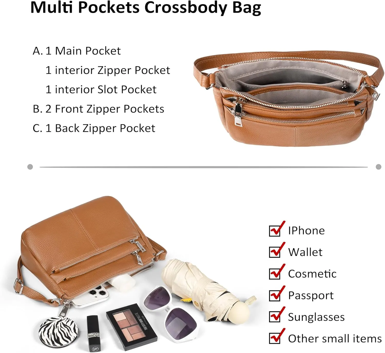 befen Genuine Leather Crossbody Purses Bags for Women, Small Pocketbooks Shoulder Bag Satchel Purse with Multi Pockets