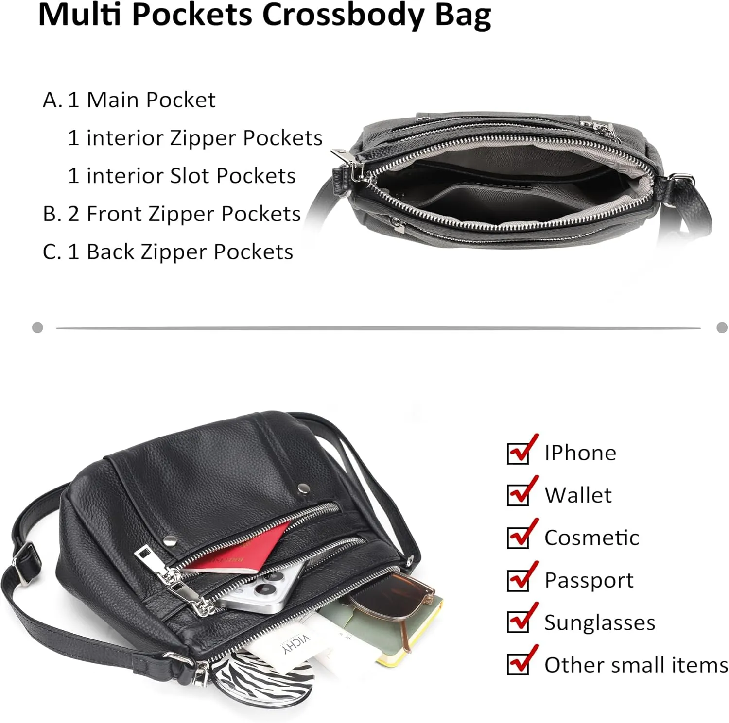 befen Genuine Leather Small Crossbody Bags Purses for Women Pocketbooks Shoulder Bag Satchel Purse with Multi Zipper Pockets
