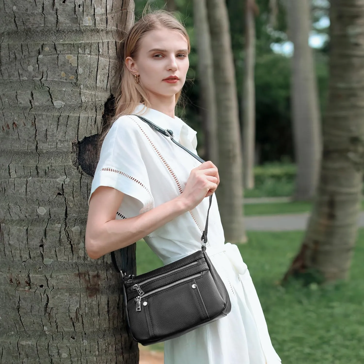 befen Genuine Leather Small Crossbody Bags Purses for Women Pocketbooks Shoulder Bag Satchel Purse with Multi Zipper Pockets