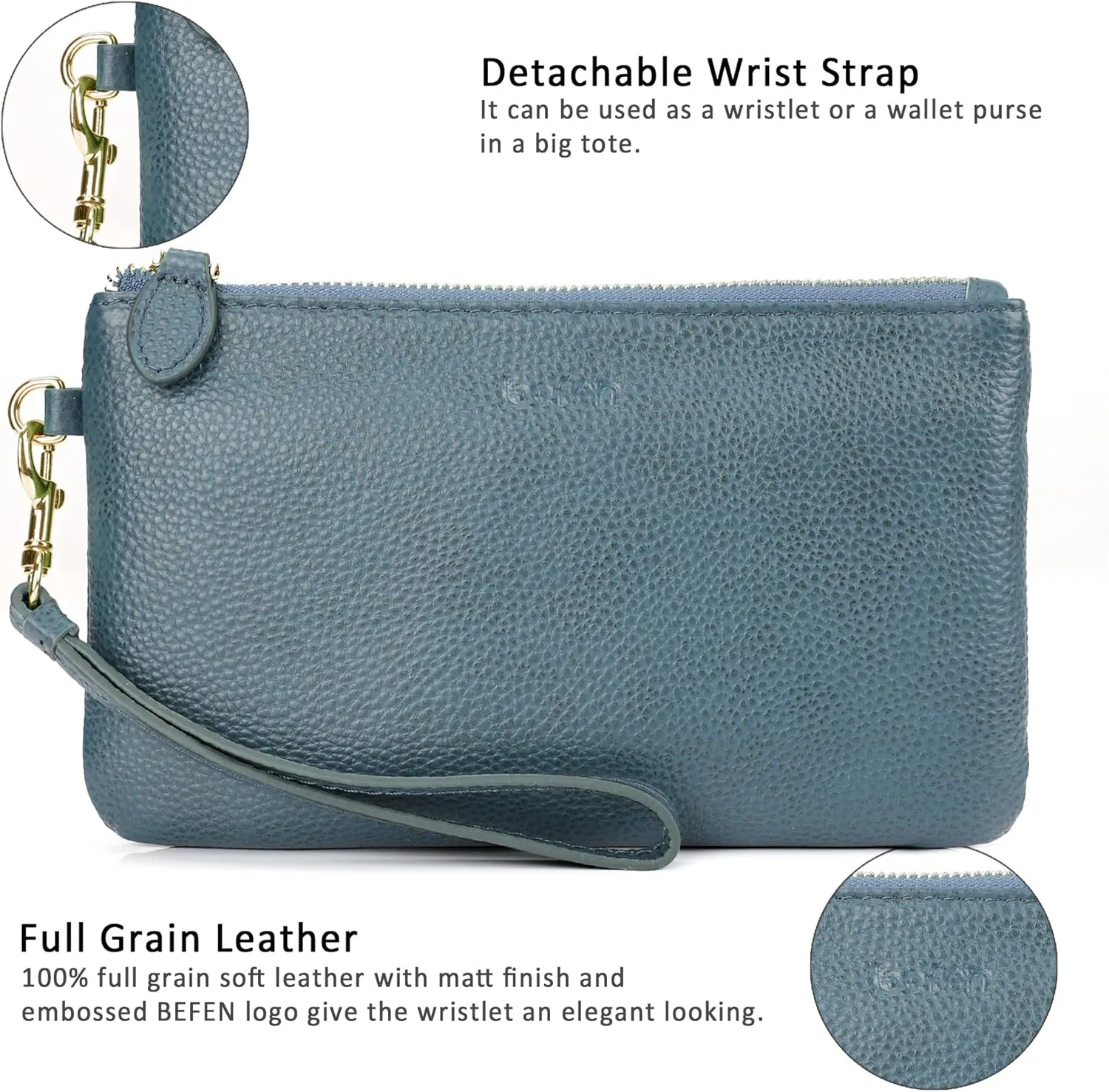 befen Women's Genuine Italian Leather Wristlet Clutch Wallet Purse, Gold Zipper