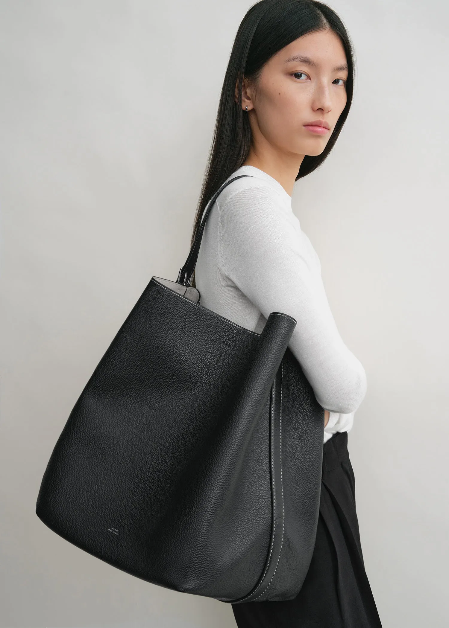 Belted grained-leather tote black
