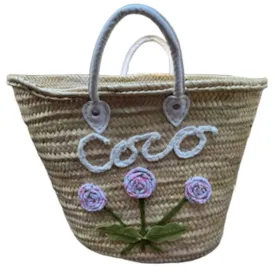 Big Embroidered Bag / Basket / French Market Basket / Straw Basket - white