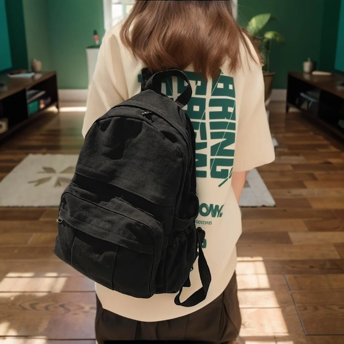 Canvas Backpack for Women Cute Backpack for Women Vintage Laptop Aesthetic Knapsack-Black
