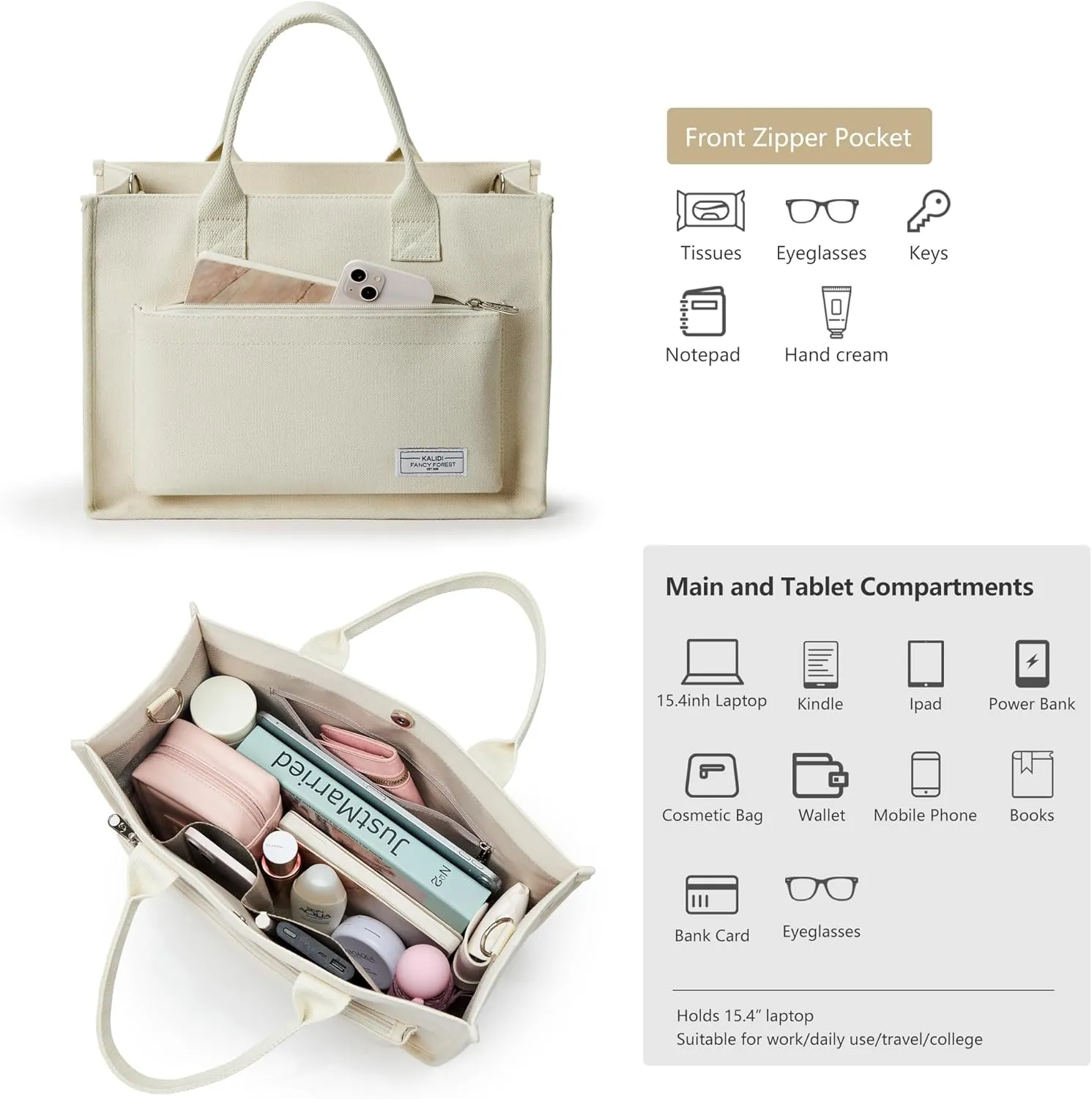 Canvas Tote Bag for Women Shoulder & Crossbody Handbag with Multi Pockets Zipper Ideal for Work Office Travel & Daily Use