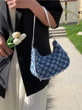 Checkered Raw Hem Shoulder Bag