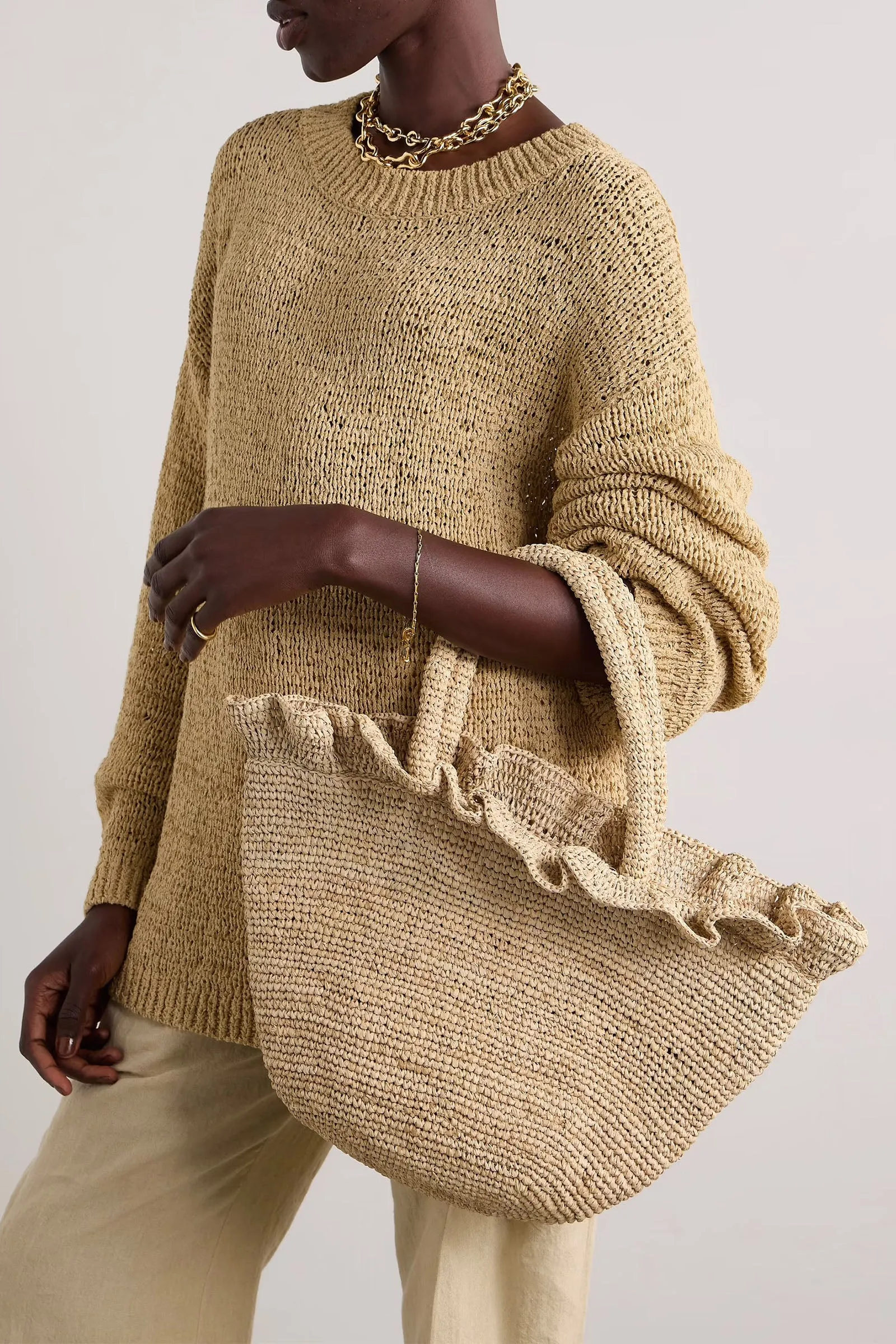 Cyris Ruffled Crocheted Raffia Tote