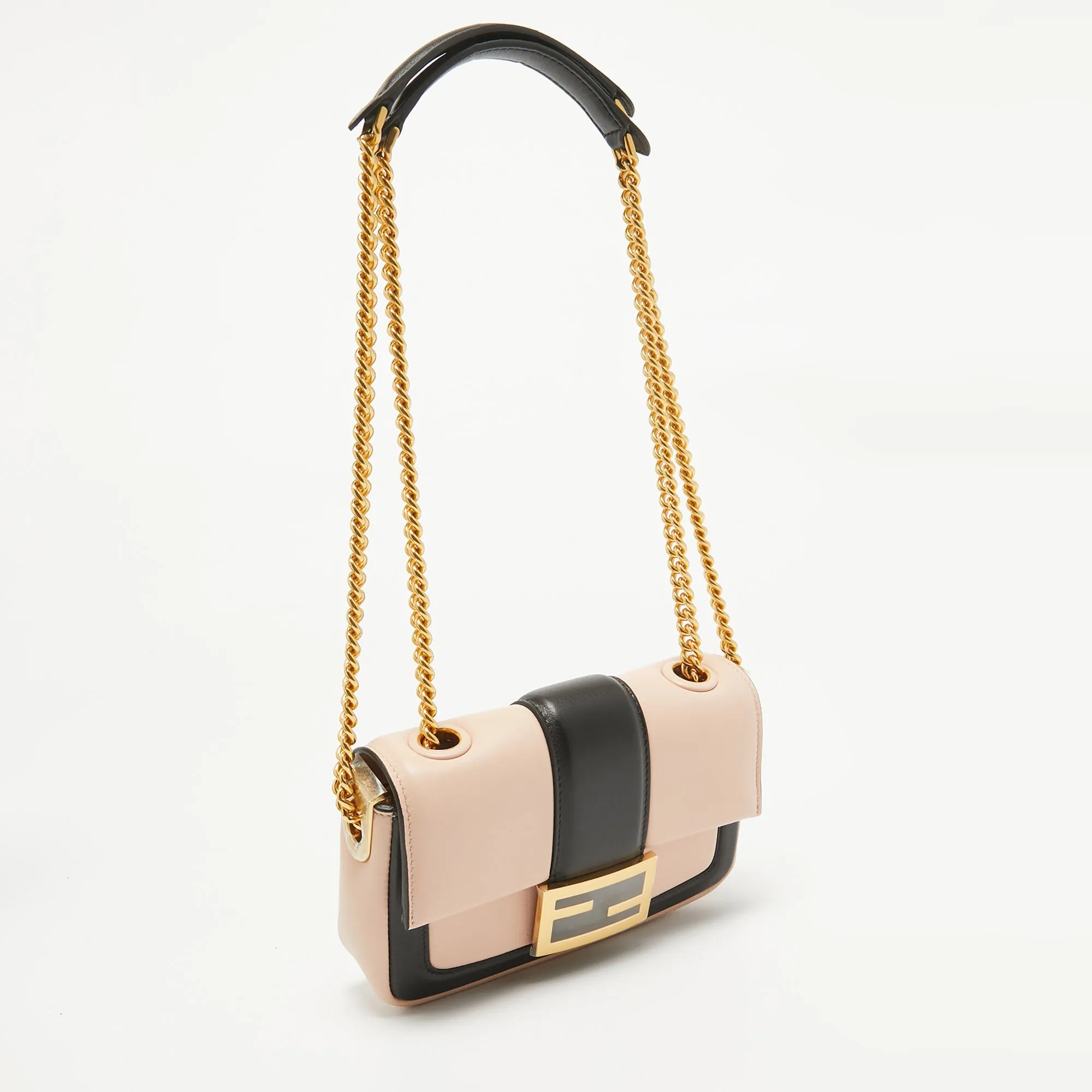 Fendi Pink/black Leather Mini Baguette Chain Bag