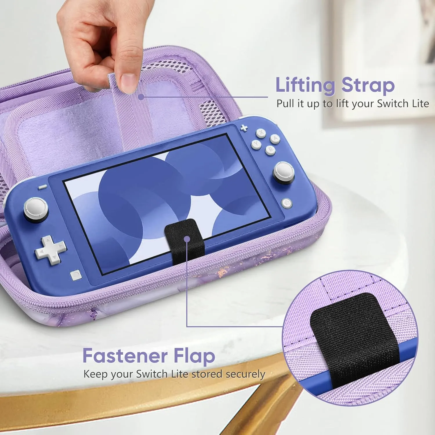FINTIE Carrying Case for Nintendo Switch Lite 2019, [Shockproof] Hard Shell Protective Cover Travel Bag with Game Card & Micro SD Card Slots for Switch Lite Console & Accessories, Lilac Marble