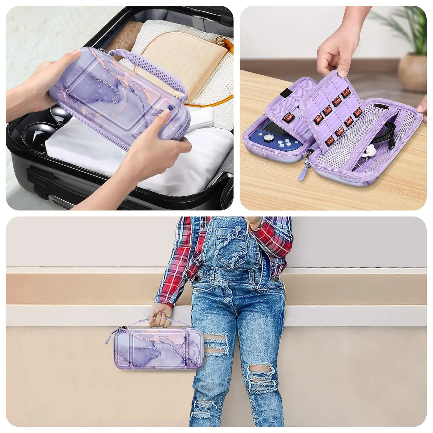 FINTIE Carrying Case for Nintendo Switch Lite 2019, [Shockproof] Hard Shell Protective Cover Travel Bag with Game Card & Micro SD Card Slots for Switch Lite Console & Accessories, Lilac Marble