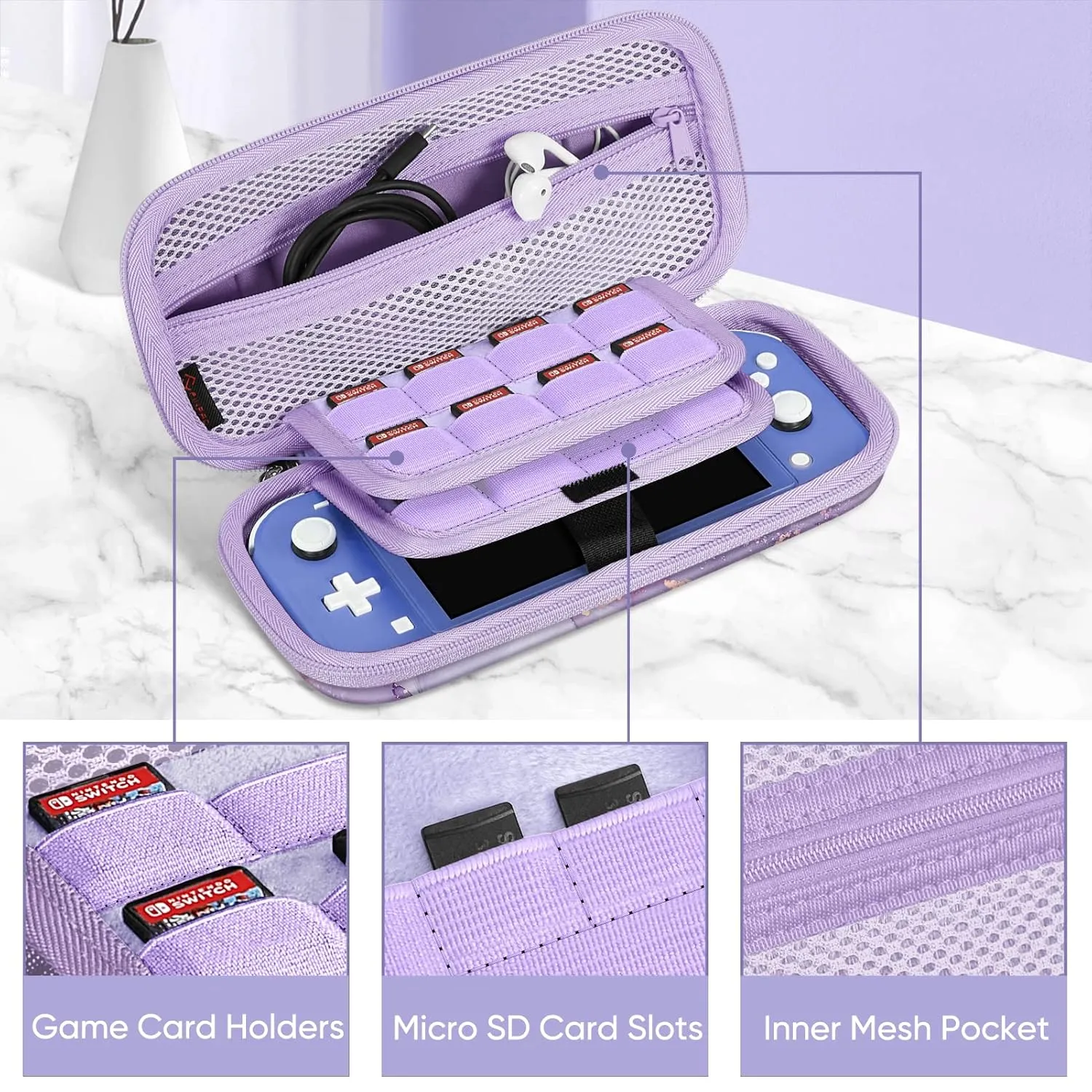 FINTIE Carrying Case for Nintendo Switch Lite 2019, [Shockproof] Hard Shell Protective Cover Travel Bag with Game Card & Micro SD Card Slots for Switch Lite Console & Accessories, Lilac Marble