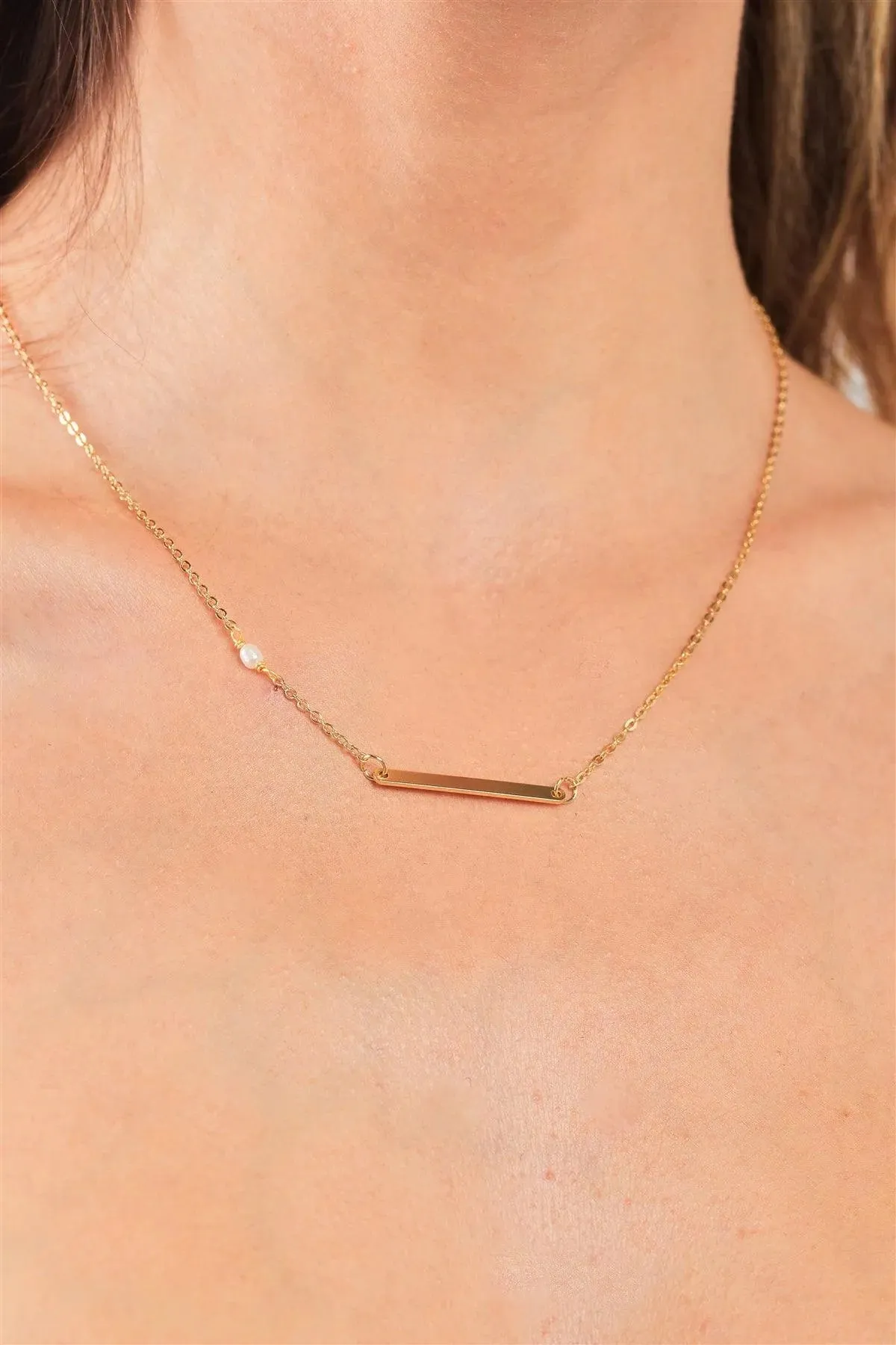 Gold Name Tag Single Tiny Pearl Chain Necklace