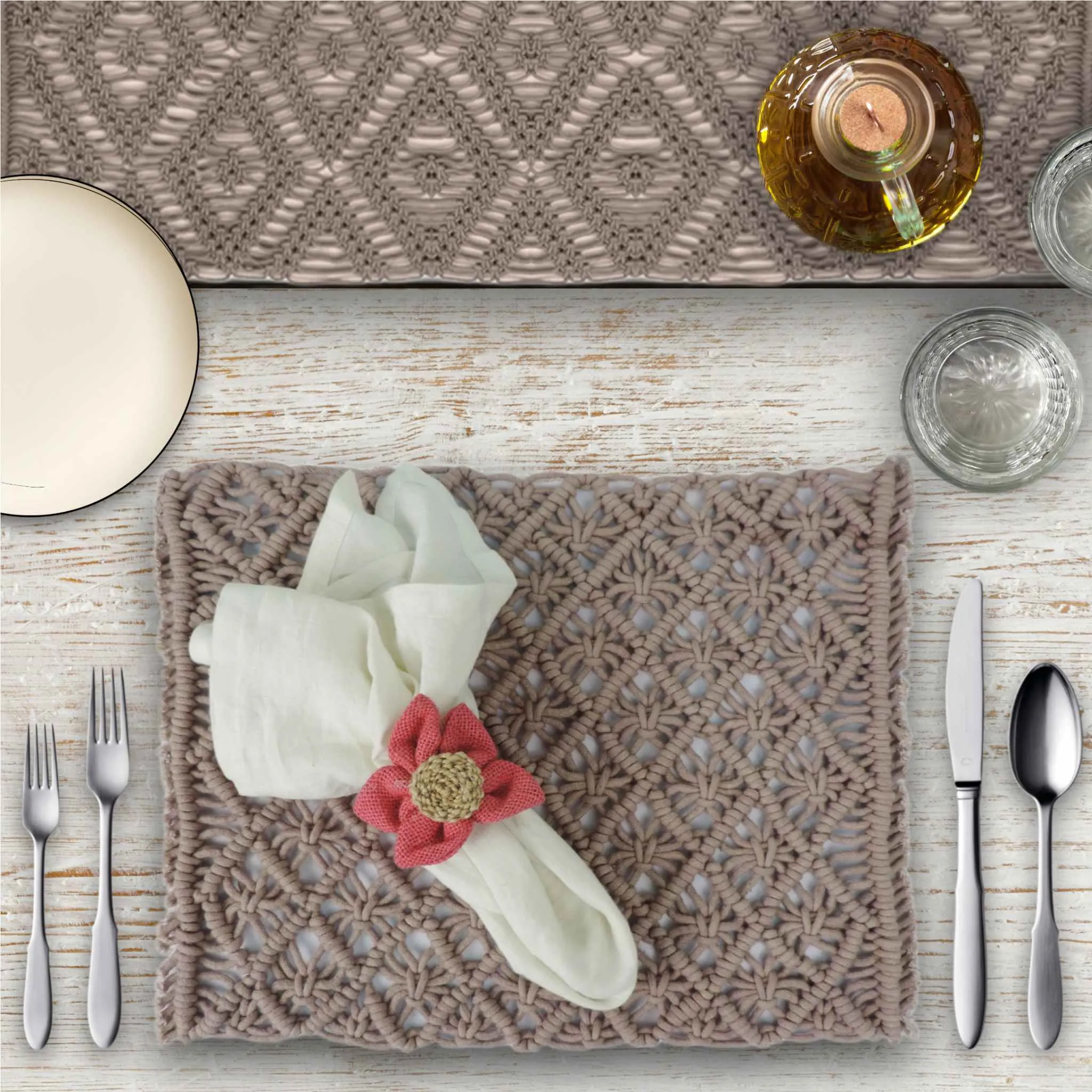Handmade Cotton Woven Macrame Placemat in Beige, Set of 2
