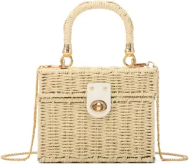 Handwoven Straw Basket Bag for Women Small Rattan Square Tote Wicker Straw Crossbody Bag