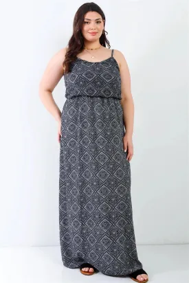 Junior Plus Charcoal Ornament Print Textured Sleeveless Maxi Dress /2-1-3