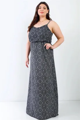 Junior Plus Charcoal Ornament Print Textured Sleeveless Maxi Dress /2-2-2
