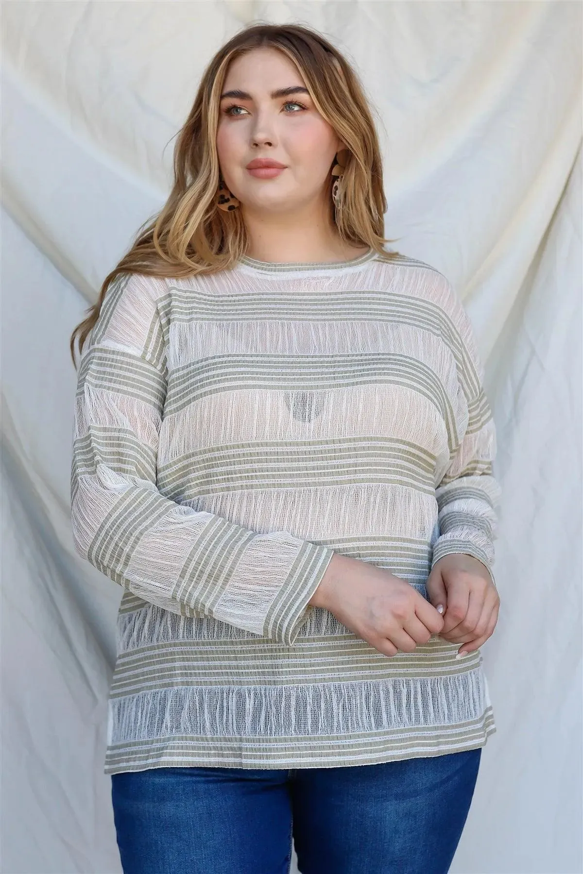 Junior Plus Sage Crochet Stripe Long Sleeve Semi-Sheer Top /3-2-1
