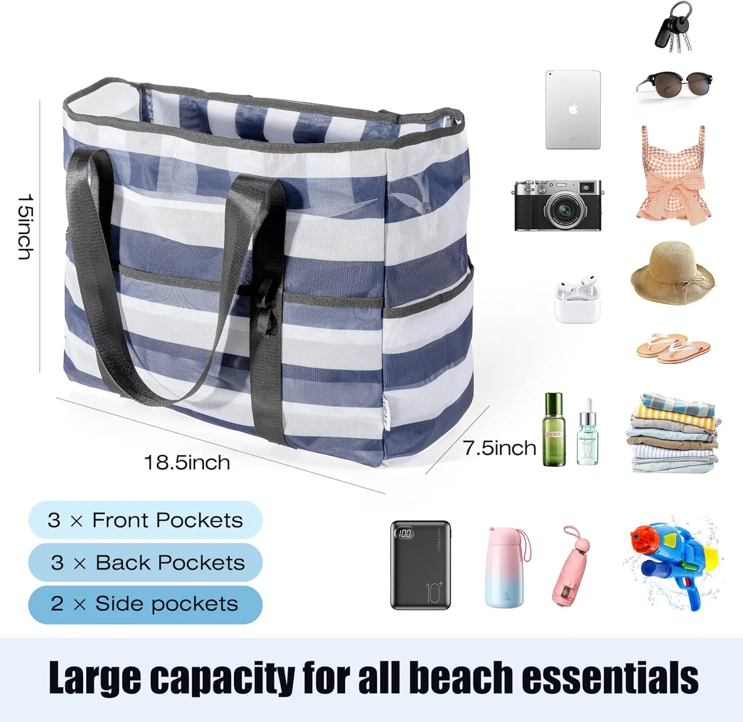 KUAK Mesh Beach Bag, Extra Large Waterproof Sandproof Tote with 9 Pockets, Zippered Top, Lightweight for Travel, Pool, Family