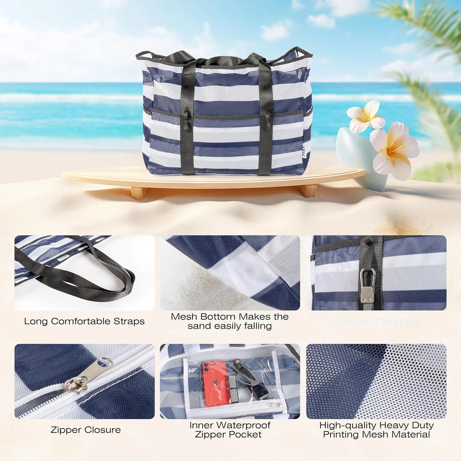 KUAK Mesh Beach Bag, Extra Large Waterproof Sandproof Tote with 9 Pockets, Zippered Top, Lightweight for Travel, Pool, Family