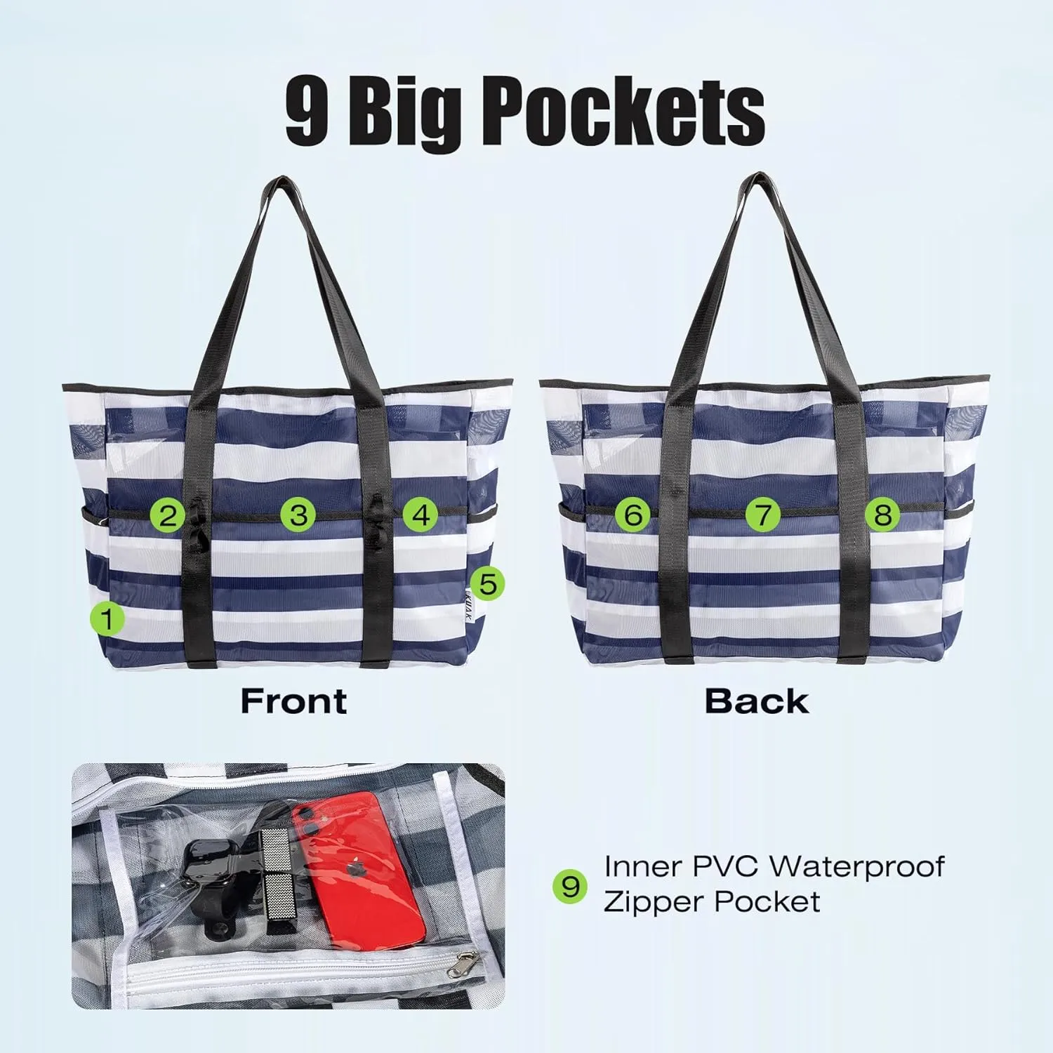 KUAK Mesh Beach Bag, Extra Large Waterproof Sandproof Tote with 9 Pockets, Zippered Top, Lightweight for Travel, Pool, Family
