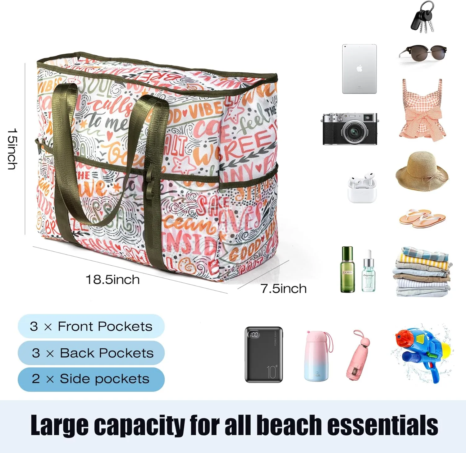KUAK Mesh Beach Bag, Extra Large Waterproof Sandproof Tote with 9 Pockets, Zippered Top, Lightweight for Travel, Pool, Family