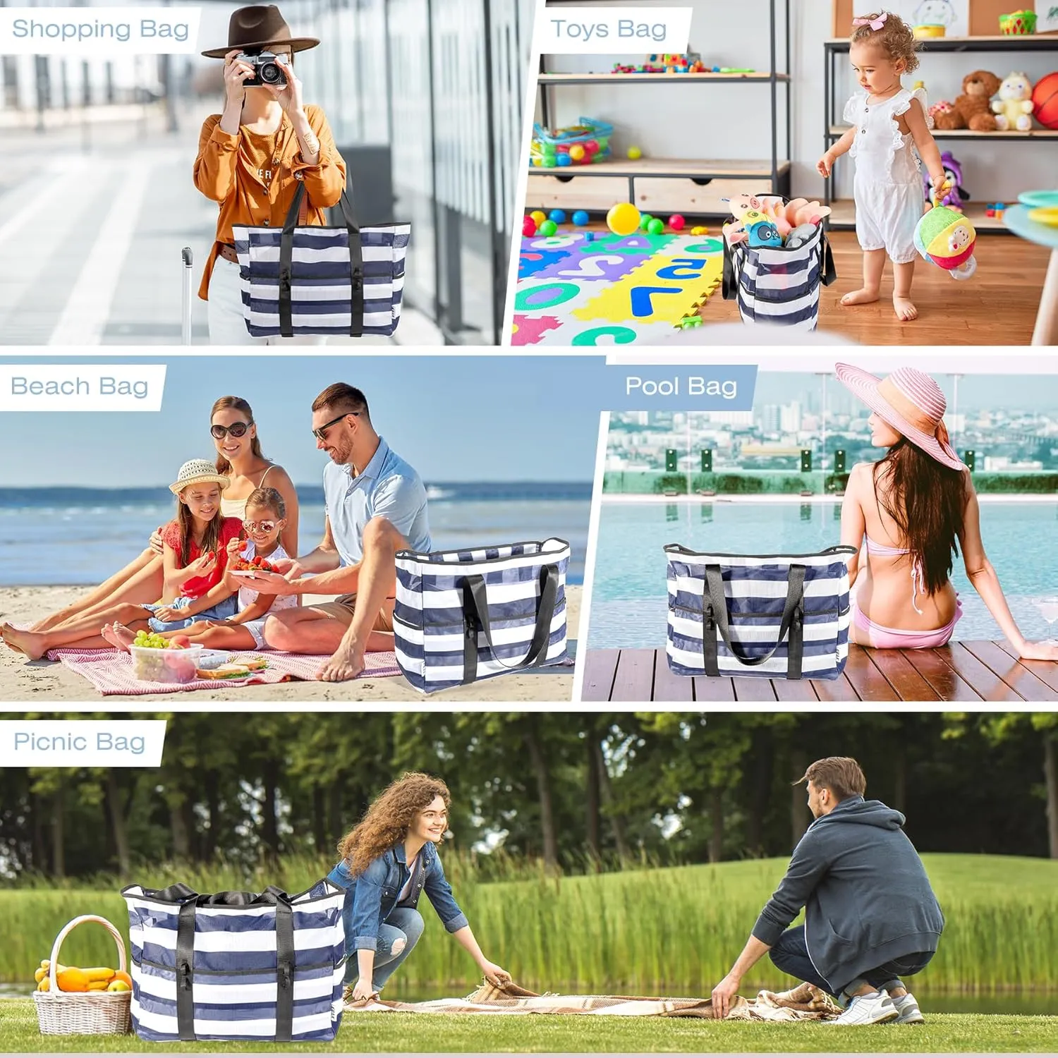KUAK Mesh Beach Bag, Extra Large Waterproof Sandproof Tote with 9 Pockets, Zippered Top, Lightweight for Travel, Pool, Family