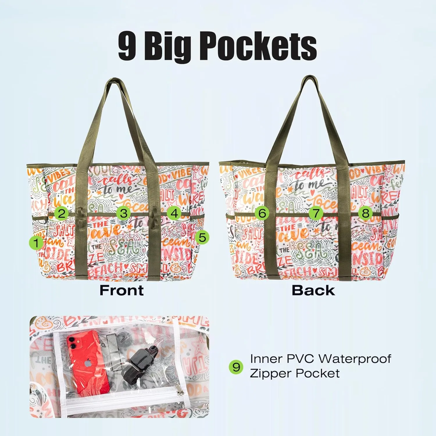 KUAK Mesh Beach Bag, Extra Large Waterproof Sandproof Tote with 9 Pockets, Zippered Top, Lightweight for Travel, Pool, Family