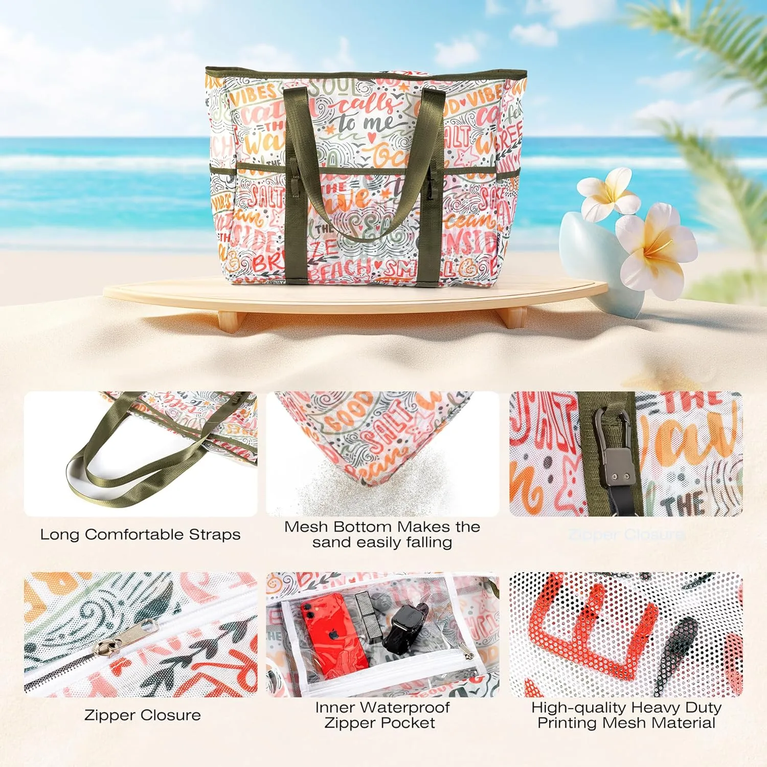 KUAK Mesh Beach Bag, Extra Large Waterproof Sandproof Tote with 9 Pockets, Zippered Top, Lightweight for Travel, Pool, Family
