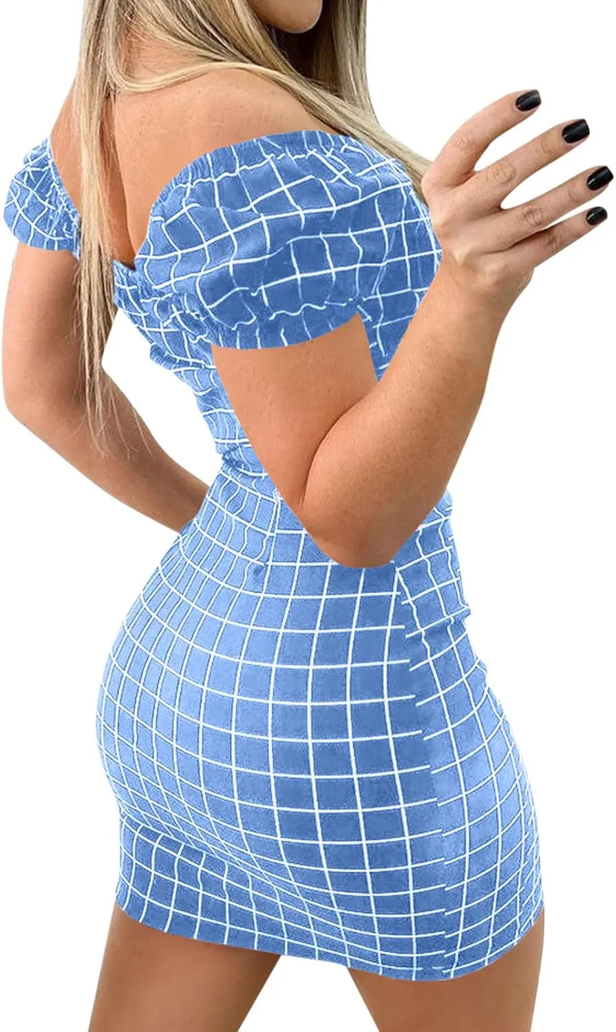 Ladies Plaid Printed Leaky Shoulder Sexy Bag Butt Short Skirt Dress Women Slimming Mini Dress