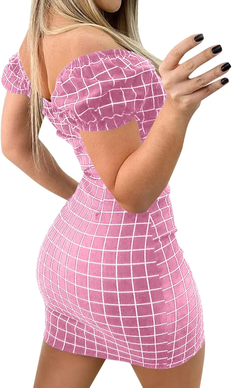 Ladies Plaid Printed Leaky Shoulder Sexy Bag Butt Short Skirt Dress Women Slimming Mini Dress