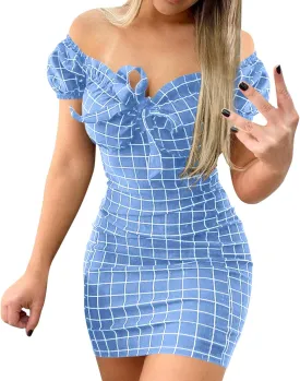 Ladies Plaid Printed Leaky Shoulder Sexy Bag Butt Short Skirt Dress Women Slimming Mini Dress