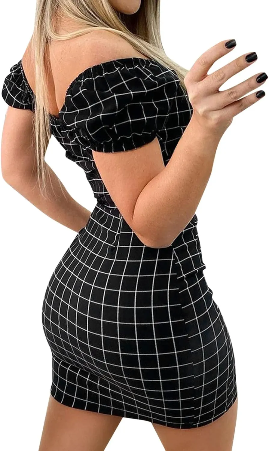 Ladies Plaid Printed Leaky Shoulder Sexy Bag Butt Short Skirt Dress Women Slimming Mini Dress