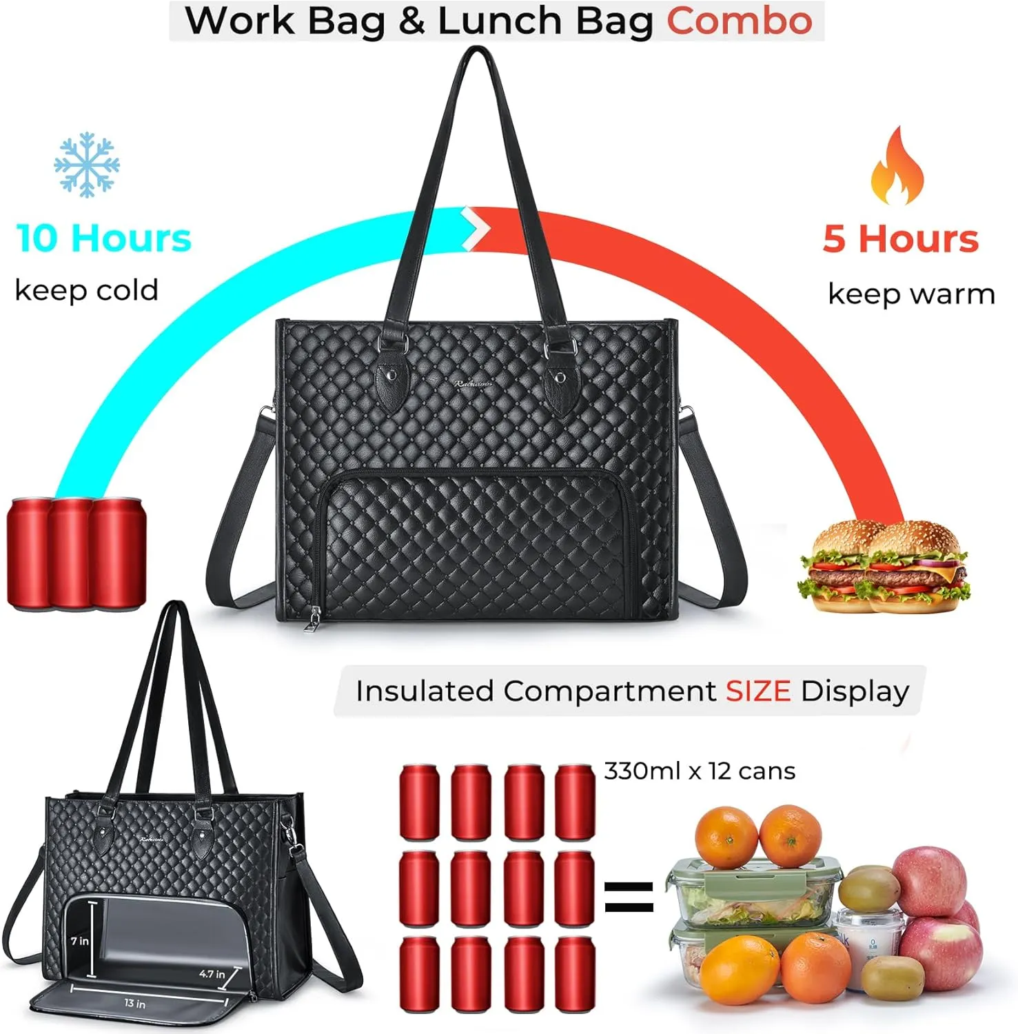 Laptop Tote Bag with Insulated Lunch Compartment for Women, PU Leather 15.6 Inch Work Bag, Elegant Computer Handbag, Versatile Business Tote for Office,Travel or Casual-Classic Black