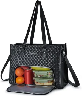 Laptop Tote Bag with Insulated Lunch Compartment for Women, PU Leather 15.6 Inch Work Bag, Elegant Computer Handbag, Versatile Business Tote for Office,Travel or Casual-Classic Black