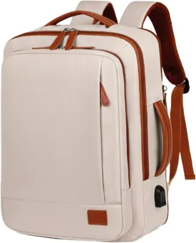 Large Travel Laptop Backpack for Men Women, Expandable Waterproof Carry On Backpack Airline Approved with USB Charging Port & Wet Pocket, 15.6" Business Work Backpack Rucksack Casual Daypack - Beige