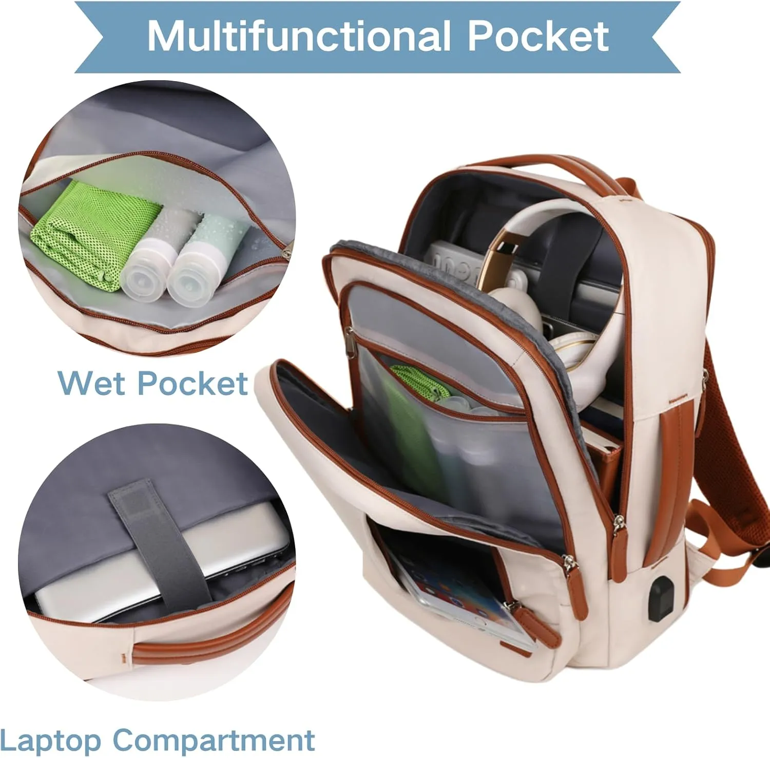 Large Travel Laptop Backpack for Men Women, Expandable Waterproof Carry On Backpack Airline Approved with USB Charging Port & Wet Pocket, 15.6" Business Work Backpack Rucksack Casual Daypack - Beige