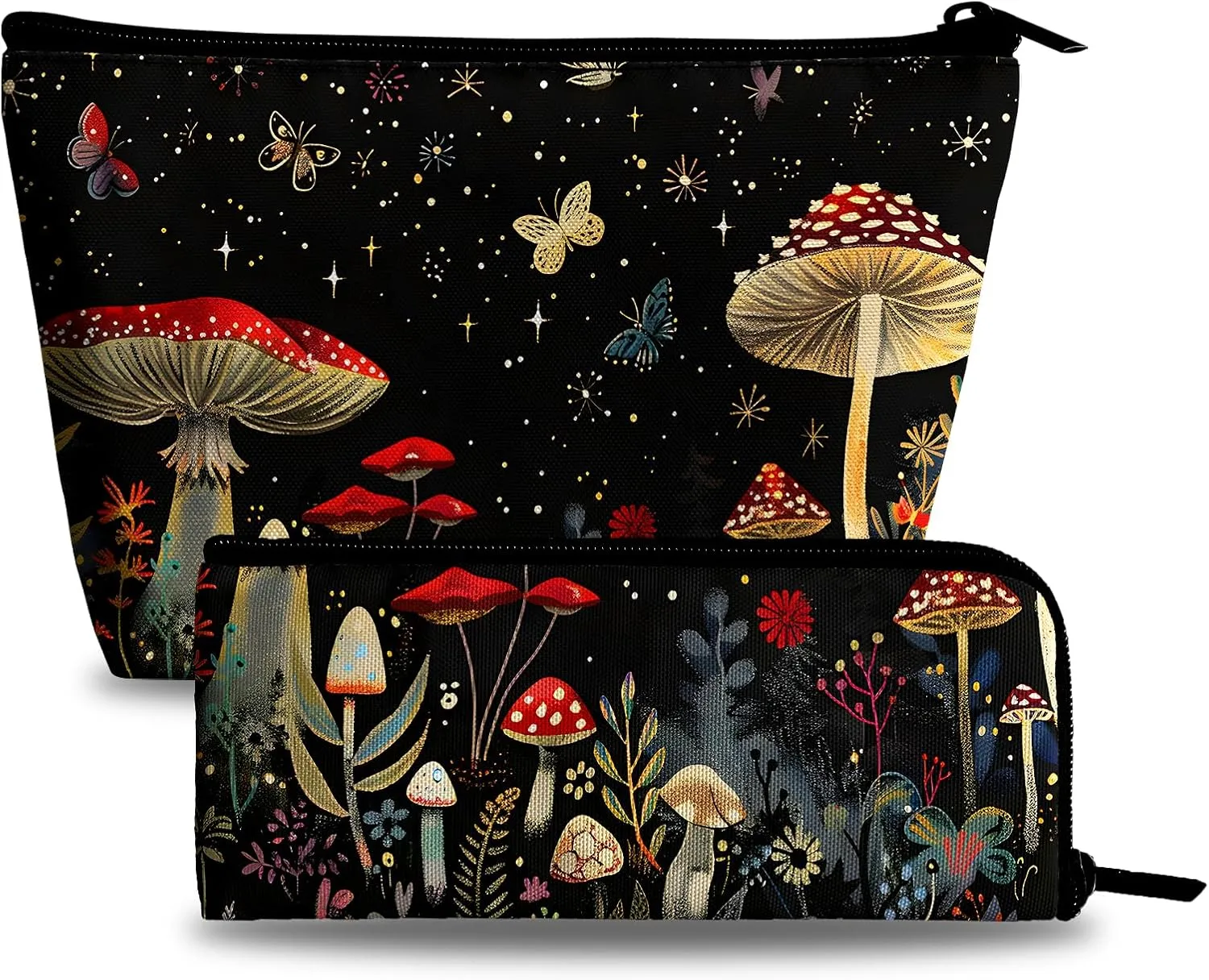Mushrooms Makeup Bag Cosmetic Bag for Women,1Pcs Large Capacity Makeup Bags and 1Pcs Pencil Case Makeup Brushes Storage Bag Travel Toiletry Bag Organizer