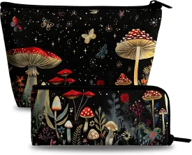 Mushrooms Makeup Bag Cosmetic Bag for Women,1Pcs Large Capacity Makeup Bags and 1Pcs Pencil Case Makeup Brushes Storage Bag Travel Toiletry Bag Organizer