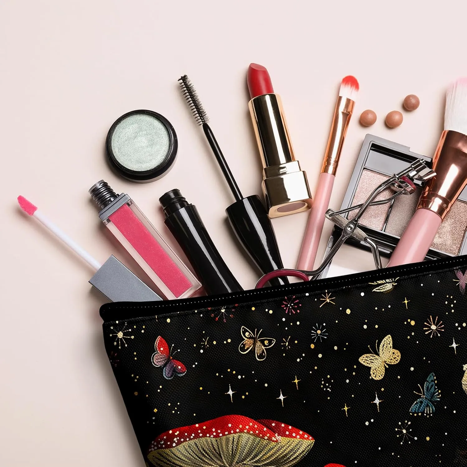 Mushrooms Makeup Bag Cosmetic Bag for Women,1Pcs Large Capacity Makeup Bags and 1Pcs Pencil Case Makeup Brushes Storage Bag Travel Toiletry Bag Organizer