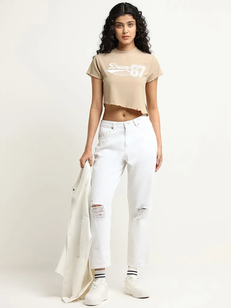 Nuon Beige Printed Cotton Crop T-Shirt