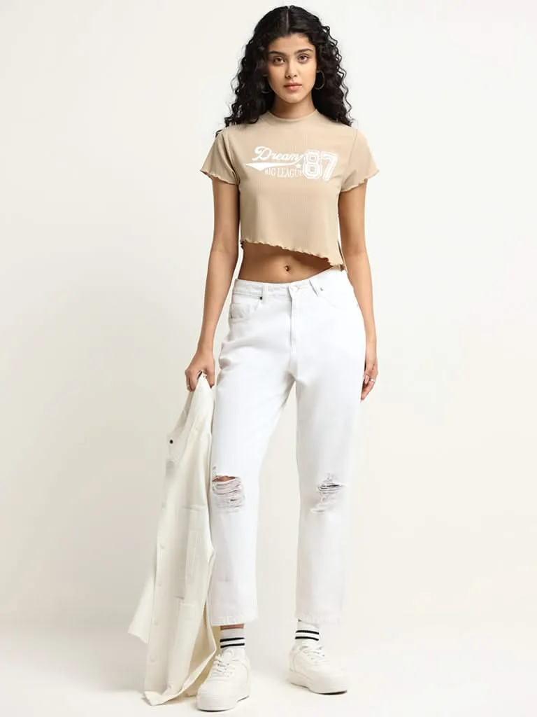 Nuon Beige Printed Cotton Crop T-Shirt