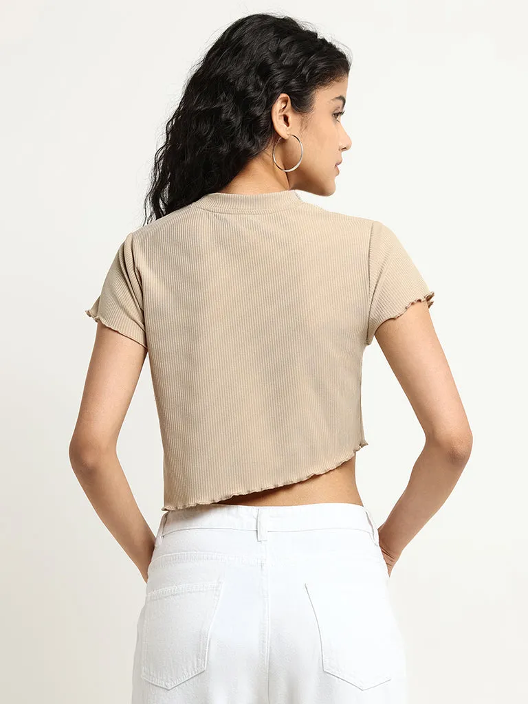 Nuon Beige Printed Cotton Crop T-Shirt