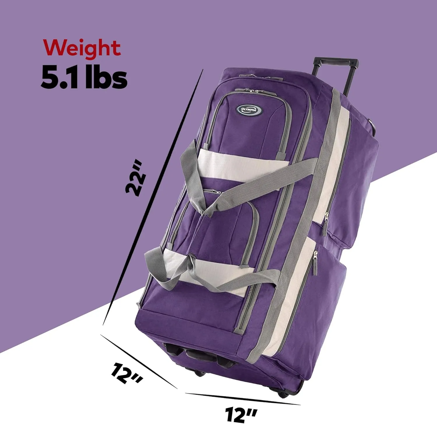 Olympia U.S.A. 22 inch Carry On 8 Pockets Wheeled Rolling Duffel Bag Water Resistant Luggage Lightweight Travel Suitcase with Retractable Handle