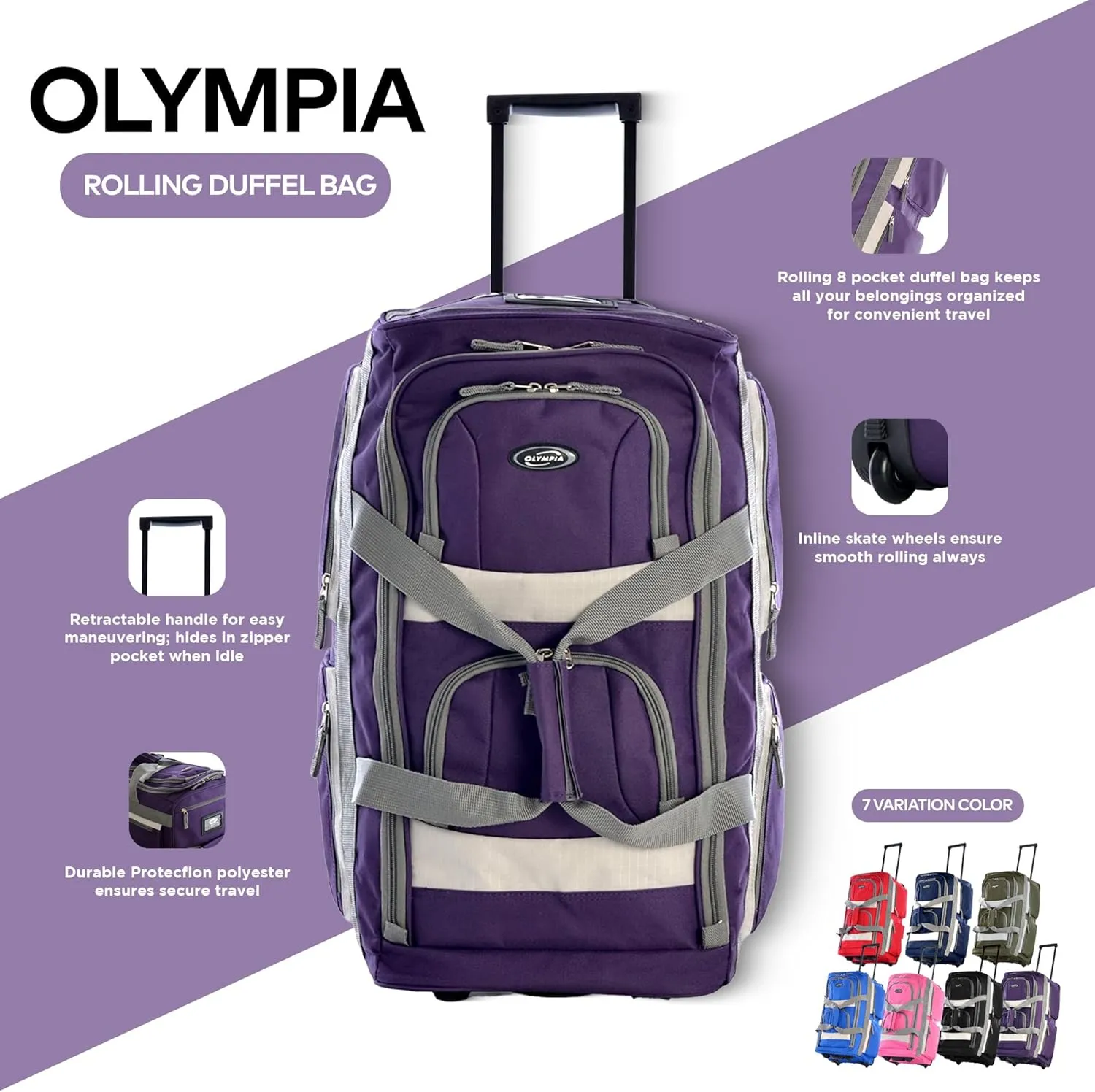 Olympia U.S.A. 22 inch Carry On 8 Pockets Wheeled Rolling Duffel Bag Water Resistant Luggage Lightweight Travel Suitcase with Retractable Handle